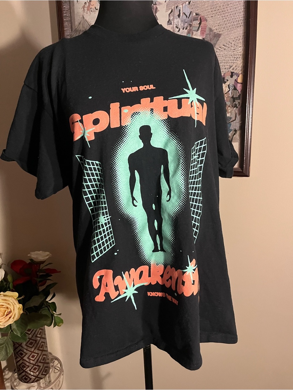 Men's Black 'Spiritual Awakening' Graphic Tee - Retro Teal & Orange Print